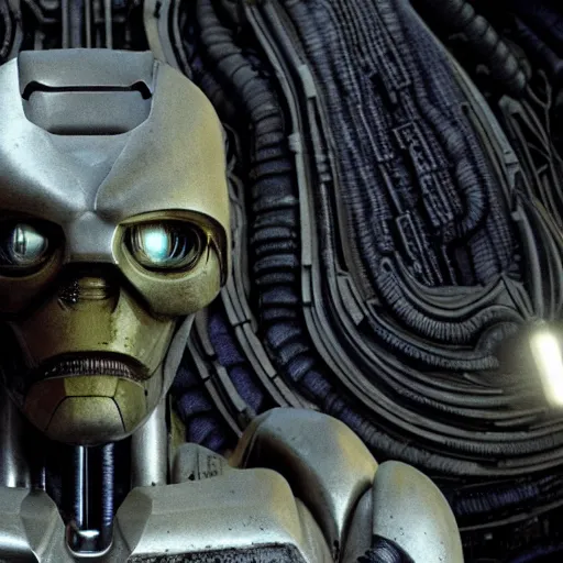 Image similar to prometheus movie still frame by giger, marble bismuth and alabaster cyclop ironman