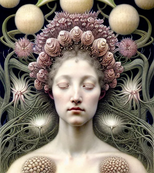 Image similar to beautiful young flower queen detailed realistic porcelain face portrait by jean delville, gustave dore, iris van herpen and marco mazzoni, art forms of nature by ernst haeckel, art nouveau, symbolist, visionary, gothic, neo - gothic, pre - raphaelite, fractal lace, intricate alien botanical biodiversity, surreality, hyperdetailed ultrasharp octane render