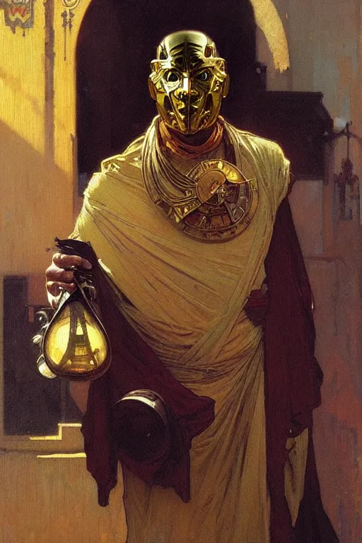 Prompt: A man wearing golden mask,painting by greg rutkowski and alphonse mucha