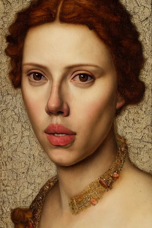 Image similar to portrait of scarlett johansson, oil painting by jan van eyck, northern renaissance art, oil on canvas, wet - on - wet technique, realistic, expressive emotions, intricate textures, illusionistic detail