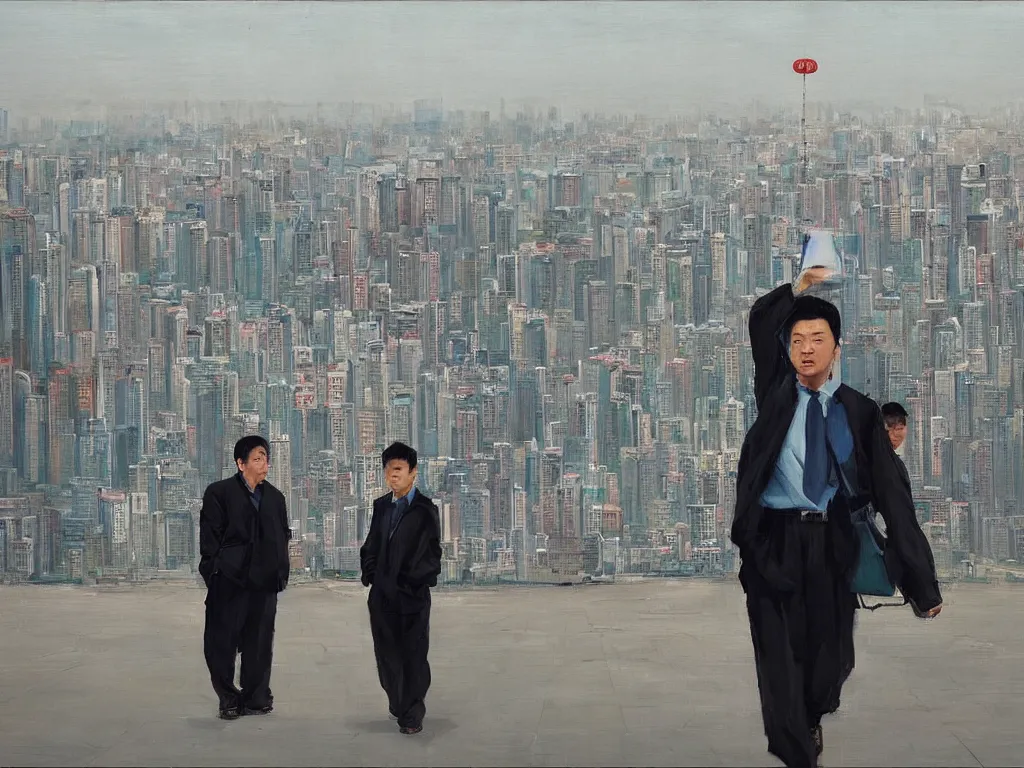 Prompt: ‘The Center of the World’ (by Liu Xiaodong, oil on canvas) was filmed in Beijing in April 2013 depicting a white collar office worker. A man in his early thirties – the first single-child-generation in China. Representing a new image of an idealized urban successful booming China.