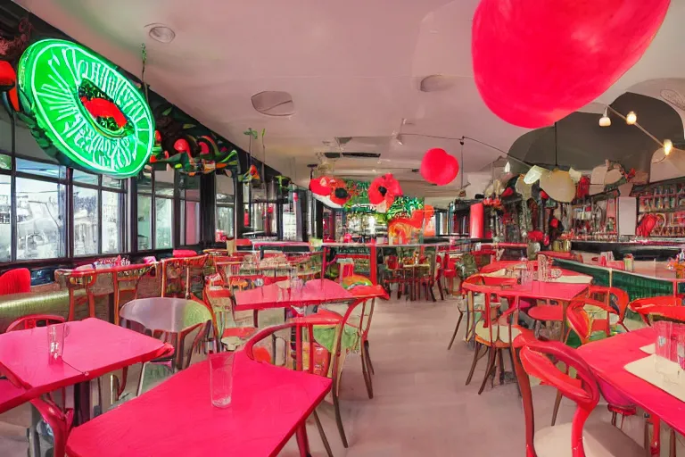 Image similar to 1 9 8 5 watermelon themed diner, very busy with full tables, fruitcore, watermeloncore, one point perspective, americana, restaurant interior photography, 5 5 mm