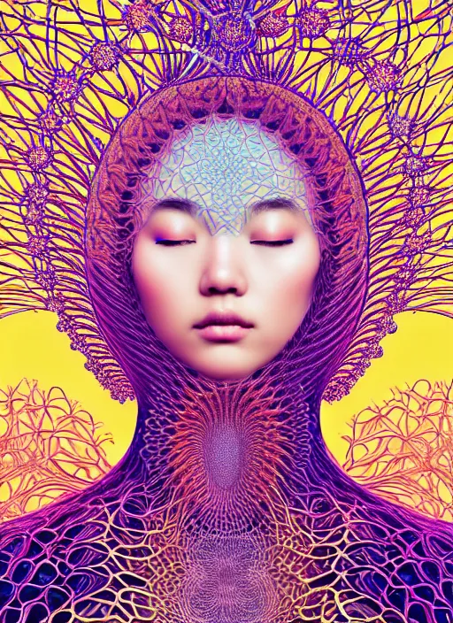 Prompt: ridiculously beautiful young asian woman tripping, coral fractals radiating from head with sacred geometry, natural, awakening, symmetrical, in the style of ernst haeckel, effervescent, warm, photo realistic, epic and cinematic, intricate linework in background