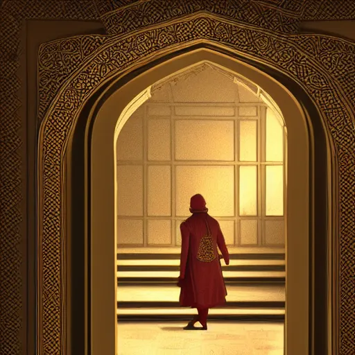 Image similar to sideview of a mughal emperor walking through a mystical door leading to another dimension, fantasy, artstation detailed digital art