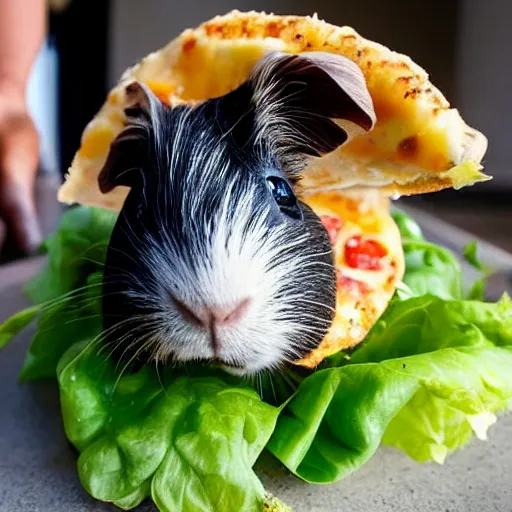 Image similar to a guinea pig looking excited with a lettuce pizza in front of them