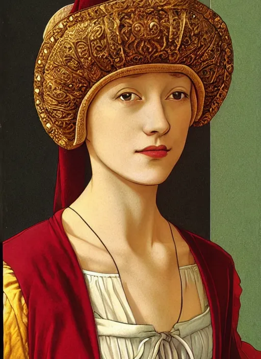 Image similar to portrait of young woman in renaissance dress and renaissance headdress, art by moebius