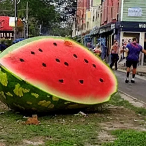 Image similar to The giant watermelon rampaged through the town, leaving a path of destruction in its wake. The townspeople were terrified. They had no idea how to stop the giant fruit.