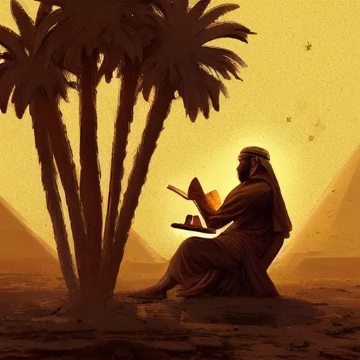 Image similar to “A man sitting under a palm tree by a small fire, reading an ancient scroll, egyptian desert, night, dim light, stars, fantasy, highly detailed, digital painting, artstation, concept art, illustration, art by Greg Rutkowski and Marc Simonetti