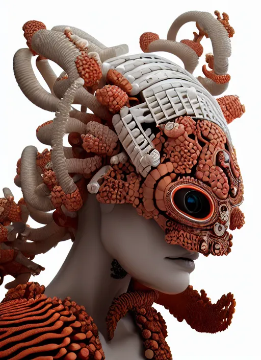 Prompt: hyper detailed ultra sharp portrait of a beautiful porcelain ivory cyborg mayan jaguar warrior, well contoured smooth fair skin, up close shot, sharp focus, global illumination, radiant light, biomechanical black corals headdress made of corals, cyberpunk brackets, mushrooms, puffballs, rhizomorphs, white mecha, octane highly render, 4 k, ultra hd,