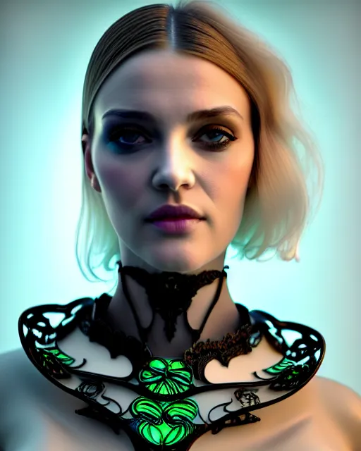 Image similar to 3 d front pose render, stunning beautiful young girl alluring biomech - cyberpunk model with a porcelain profile face, rim light, big neon circiuts and lines, borders, fine detail, lace, alexander mcqueen, art nouveau fashion embroidered collar, dieselpunk, neon filigree details, hexagonal mesh wire, ifs reflection, elegant, artstation trending