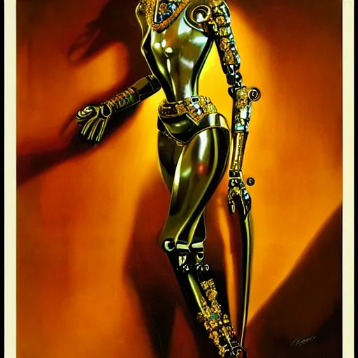 Image similar to robot with golden skin, ornate, regal, digital illustration, concept art, by Rolf Armstrong