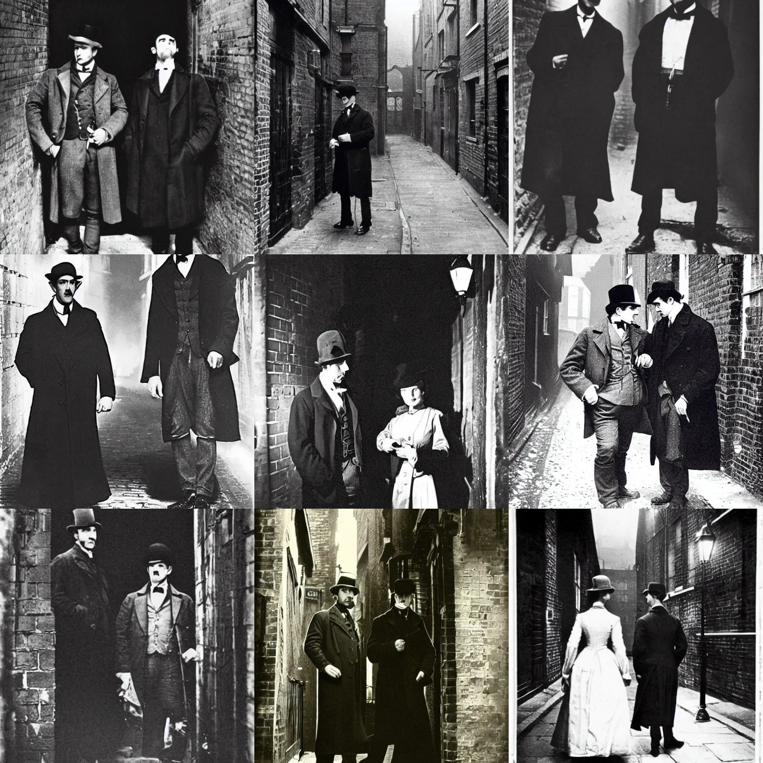 Prompt: Sherlock Holmes and Dr Watson in dark London alley, gaslight, vintage 1880\'s photo