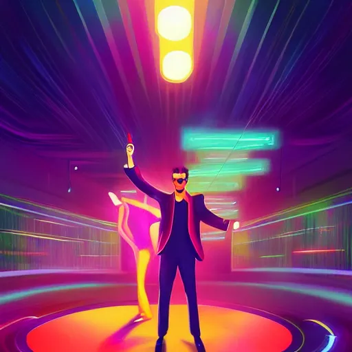 Prompt: night fever, a dj creating illegal disco music, digital painting, artstation, ristan eaton, victo ngai, artgerm, rhads, ross draws, anime styled, hd, 4 k