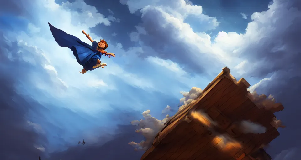 Image similar to a boy being thrown off of a large wooden fantasy sky - ship flying through the clouds with blue sky, andreas rocha style