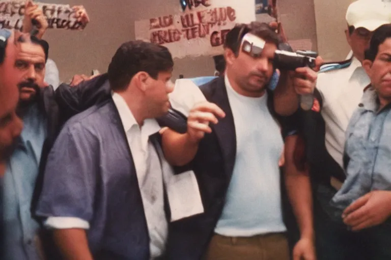 Prompt: Ron DeSantis held hostage by Mexican cartels, color 35mm film