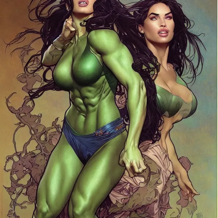 Image similar to megan fox as female hulk by artgerm, greg rutkowski, alphonse mucha