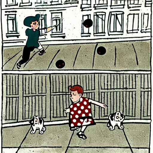 Image similar to illustration of french boy on the streets of paris playing football against a corgi, the dog is wearing a polka dot scarf, comic, 1 9 7 2