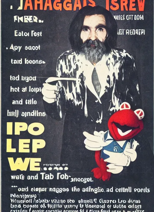 Prompt: vintage magazine advertisement depicting charles manson hosting the muppet show