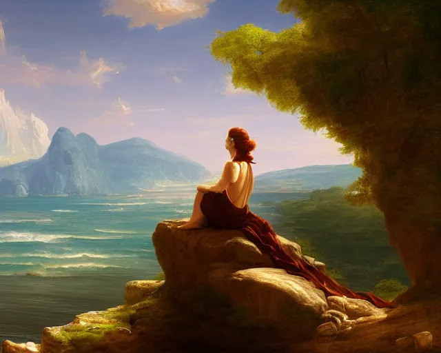 Image similar to a painting of a woman sitting on a rock overlooking an island, a digital painting by thomas cole, cgsociety, metaphysical painting, 2 d game art, storybook illustration, detailed painting