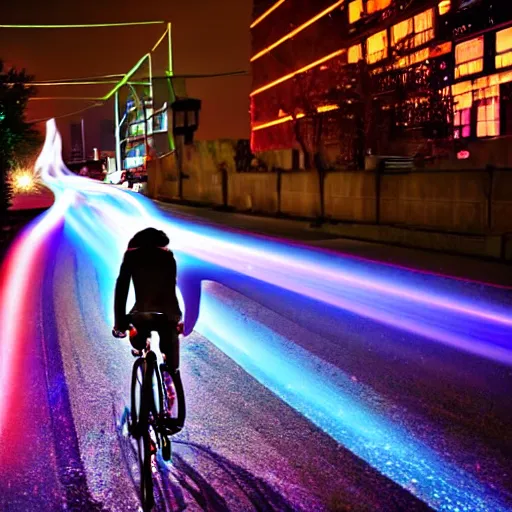 Image similar to a person on a high-tech glowing bicycle with LED lights and a rocket engine, flames and fire shooting out the back, light trails and motion blur, bokeh, night, street, stylized photo