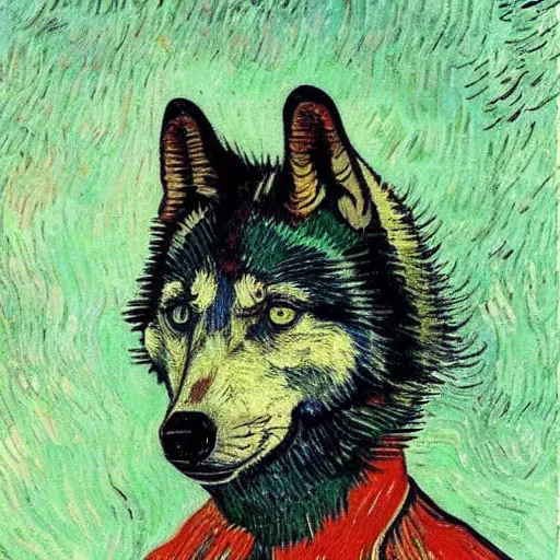 Image similar to retarded wolf portrait, van gogh, complimentary colors