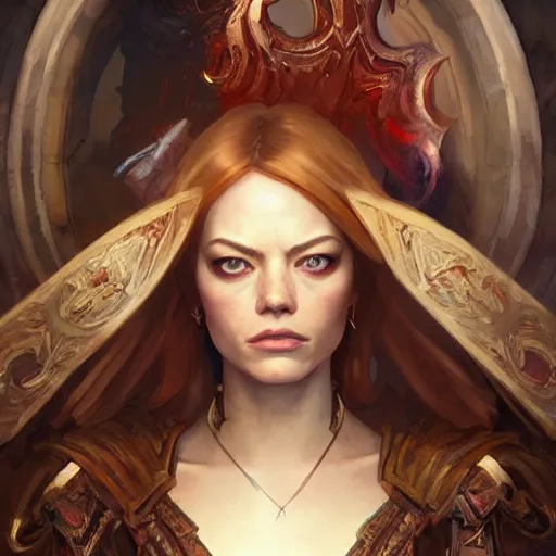 Image similar to Emma Stone as a character in Diablo 3, gorgeous, beautiful, intricate, highly detailed, digital painting, artstation, oppressive lighting, concept art, sharp focus, illustration, art by greg rutkowski and alphonse mucha