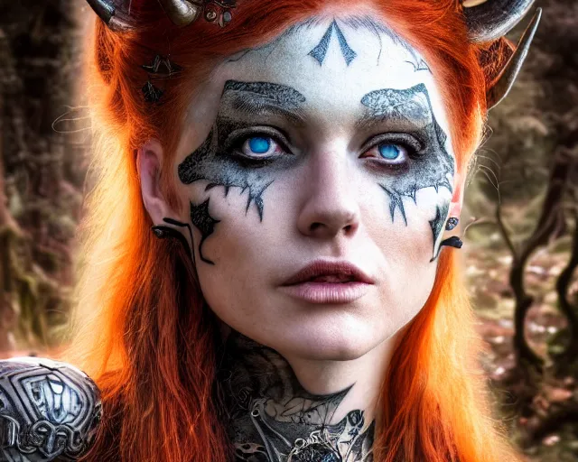 Image similar to 5 5 mm portrait photo of an armored gorgeous anesthetic redhead woman warrior with a face tattoo and horns growing from her head, in a magical forest in the style of stefan kostic, art by luis royo. highly detailed 8 k. intricate. lifelike. soft light. nikon d 8 5 0. cinematic post - processing