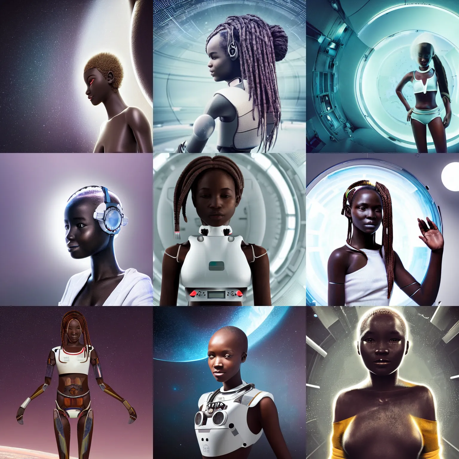 Prompt: beautiful futuristic himba girl in a white space station, robotic arms, optical fiber hair, hyperrealistic, sci - fi