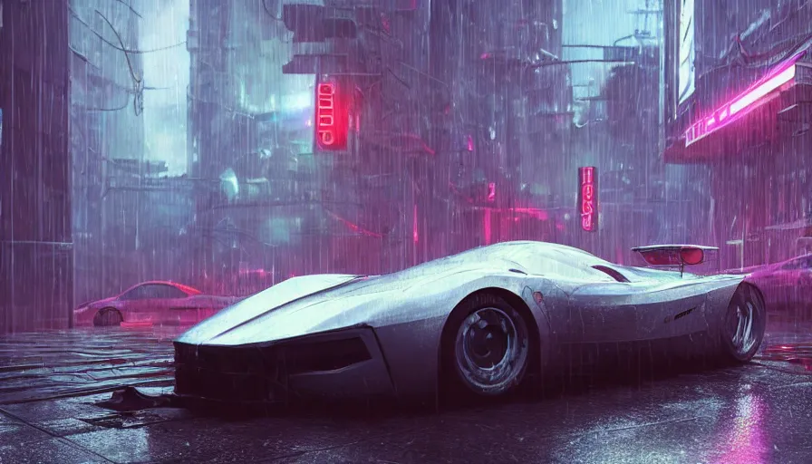 Image similar to a picture of a car in the rain, cyberpunk art by fyodor vasilyev, zbrush central contest winner, cubo - futurism, synthwave, darksynth, retrowave