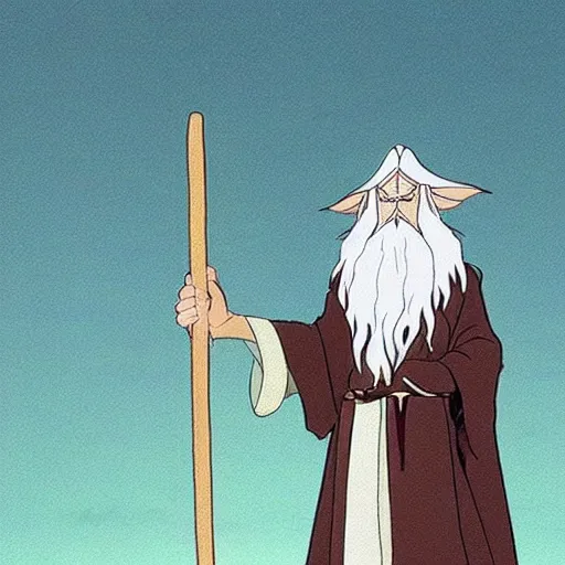 Image similar to gandalf from the anime lord of the rings (1986), holding a wooden staff, studio ghibli, very detailed, realistic