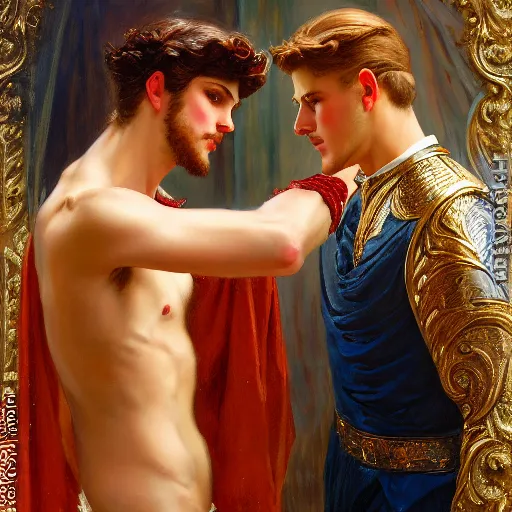 Prompt: attractive fully clothed king confesses his love for his attractive fully clothed male prince. highly detailed painting by gaston bussiere and j. c. leyendecker 8 k