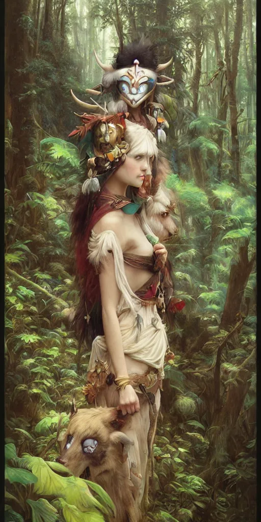 Image similar to hyper realistic Princess Mononoke wearing her mask, lush forest landscape, style of tom bagshaw, mucha, james gurney, norman rockwell, gems and gold, waterfalls, denoised, sharp,