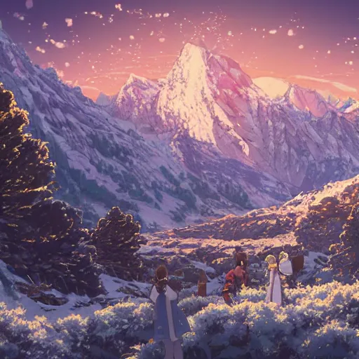 Image similar to the aesthetic view of the beautiful, grand, wistful, dreamy snowcapped mountain at dusk, hyperrealistic anime illustration by iralki nadar, colorful, extremely detailed, intricate linework, super sharp focus, bright colors, octopath traveler, studio ghibli, unreal engine 5 highly rendered, global illumination, radiant light, detailed and intricate environment