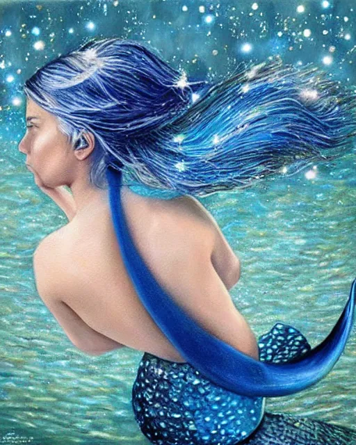 Image similar to “ a beautiful hyper realistic painting of a mermaid with a beautiful sparkling blue tail ”