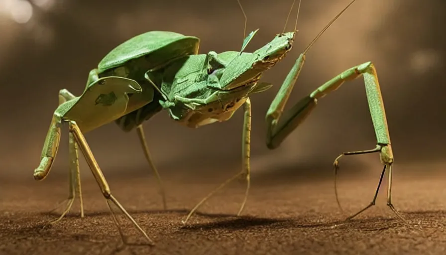 Image similar to big budget science fiction movie about an armored praying mantis with lasers shooting from its eyes