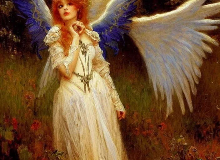 Image similar to horizontal prtrait of an angel knight gothic girl, baroque dress. by gaston bussiere