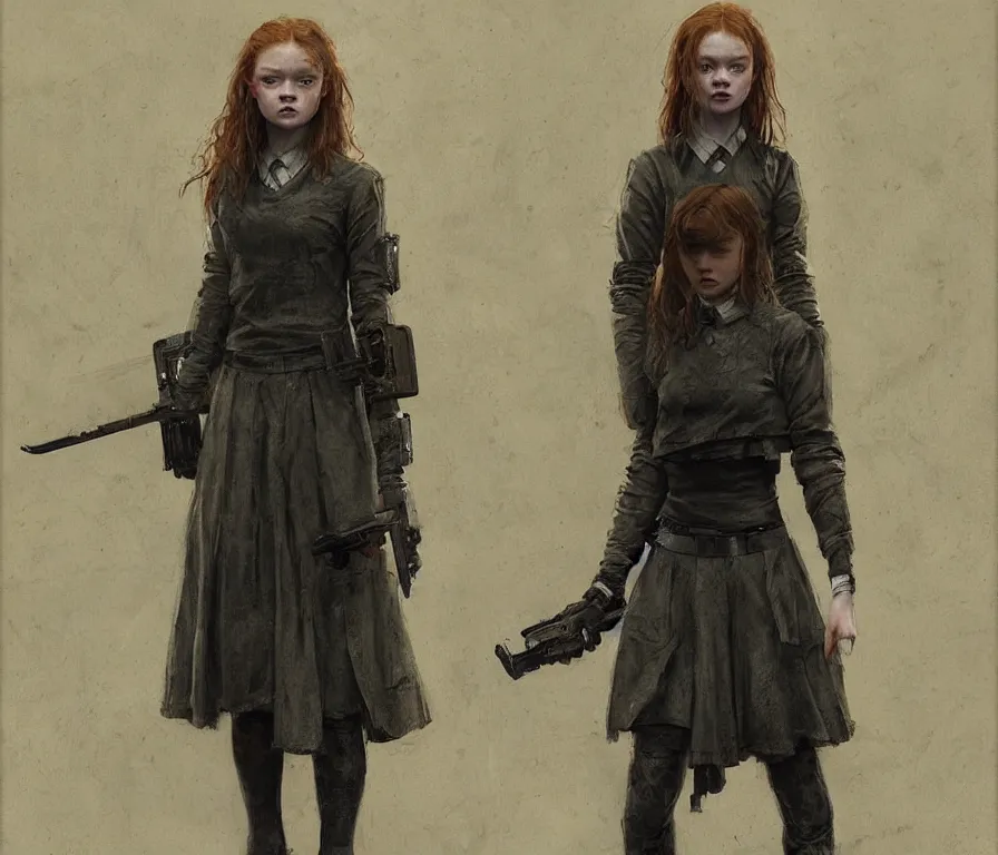 Image similar to sadie sink dressed in oversized school uniform : costume concept for a scifi cyberpunk film. by greg rutkowski, greg staples, gustave courbet, rosa bonheur. sharp focus, cinematic atmosphere, detailed and intricate, perfect anatomy