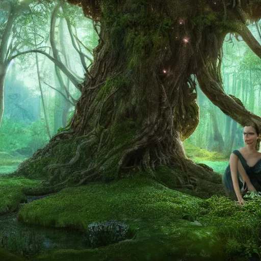 Image similar to Portrait of Natalie Portman as a dryad, characteristic sparkling green eyes, looking straight to the camera, illuminated for rays of light, behind her is an ancient forest full of life, by Annie Leibovitz, Ellie Victoria Gale and Steve McCurry, matte painting, oil painting, naturalism, 4k, 8k
