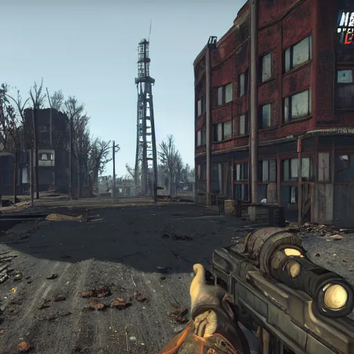 Prompt: Helmond in ruins post-nuclear war in Fallout 4, in game screenshot