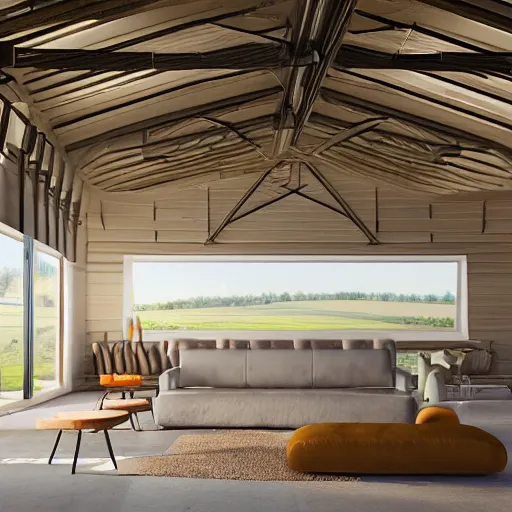 Image similar to interior view of modern futuristic farm barn architecture and interior design, lounge chairs, sofas, cows, chickens, pigs, wall art, detailed luminescent oil painting 4 k