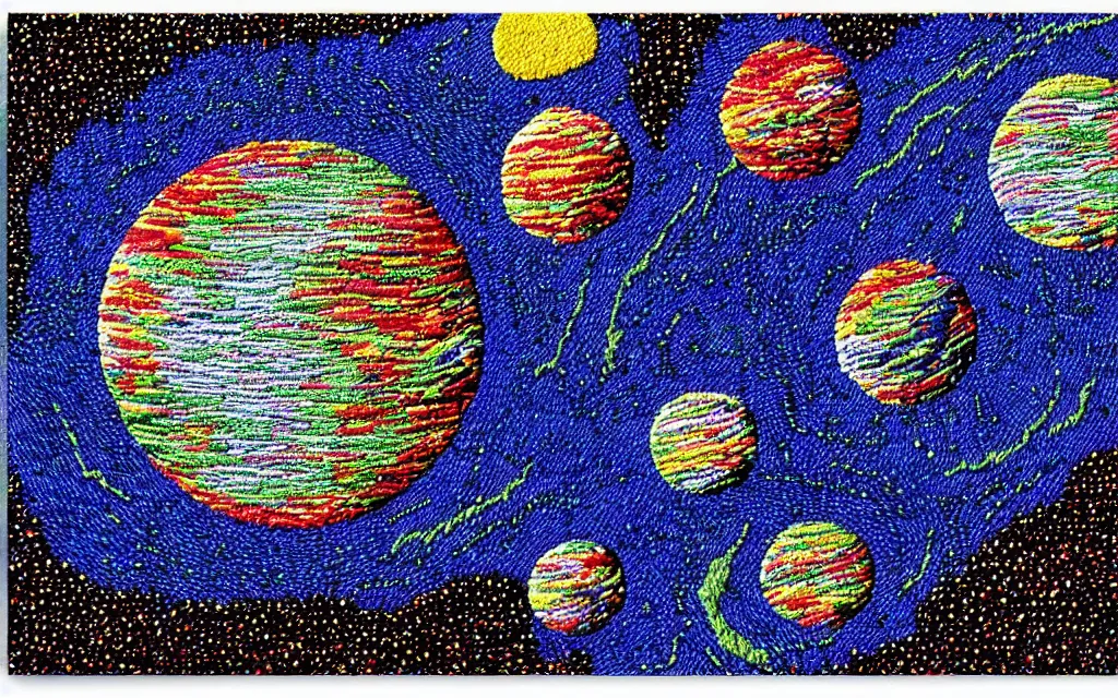 Image similar to planet earth seen from very very far away with the empty cosmic landscape on the background. Retro modern art by jean giraud. embroidery.