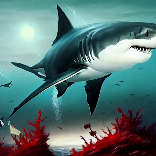 Image similar to a dream fantasy painting of ( white shark with blood teeth ) near a scuba diver, in the deep, trending on artstation, deviantart, matte painting by greg rutkowski, holly bruce, jon kuo