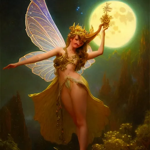 Image similar to attractive fairy queen fly high in the night, fantasy, full moon in background. hyper detailed painting by gaston bussiere, craig mullins, j. c. leyendecker, mid shot, 8 k, cryengone, cinematic lighting, beautiful,