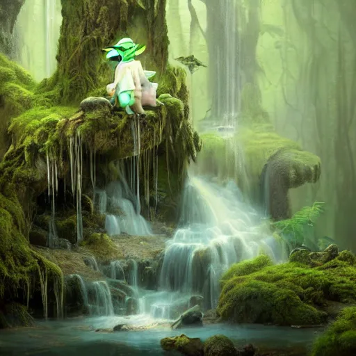 Prompt: tom bagshaw, beautiful baby yoda, mythical shrine, soft painting render curiosities carnival pond river vegetation rocks bugs wildlife mushrooms covered moss bioluminescent wisps, beautiful stunning waterfall, accurate features, focus, very intricate ultrafine details, random volumetric lighting, fog, award winning masterpiece, octane render 8 k hd, artstation