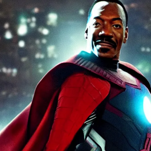 Image similar to a still of eddie murphy as an avenger, marvel superhero, cinematic lighting