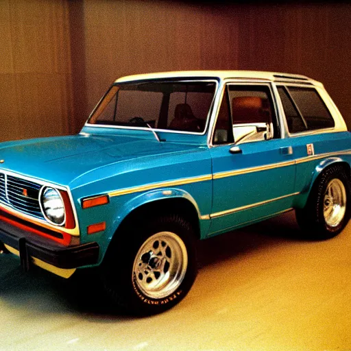 Prompt: 1979 Bronco BMW M1, inside of an auto dealership, ektachrome photograph, volumetric lighting, f8 aperture, cinematic Eastman 5384 film