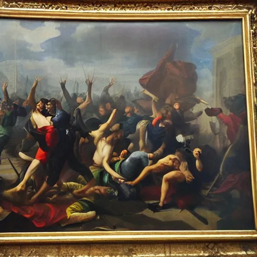 Image similar to rioters destroying art inside the louvre