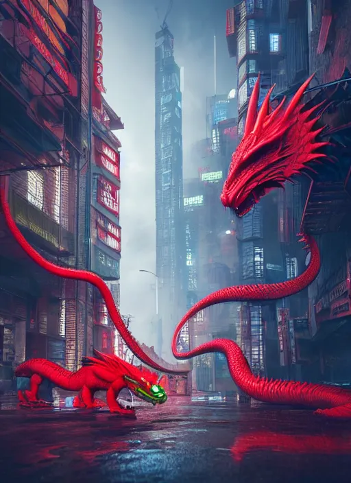 Prompt: red dragon and green dragon in cyberpunk city, ultra detailed, trending on artstation, concept art, octane render, unreal engine,