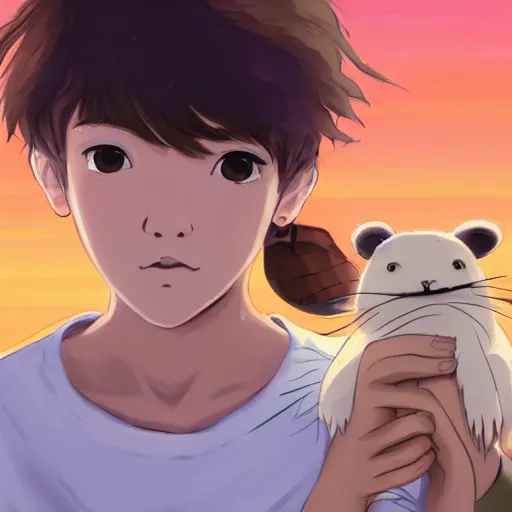 Image similar to teenager boy with Fragile looking beautiful portrait face with a small friendly creature made by Studio Ghibli highly detailed art, beautiful scene, sharp focus, smooth, 8k, anime art, nostalgic