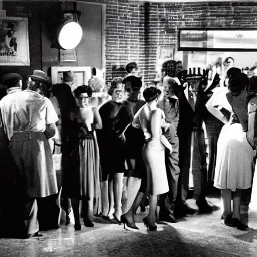 Prompt: a movie still of film noir jazz bar, crowds of people, she arrived in a red dress, cinematography john alton, burnet guffey, john seitz.